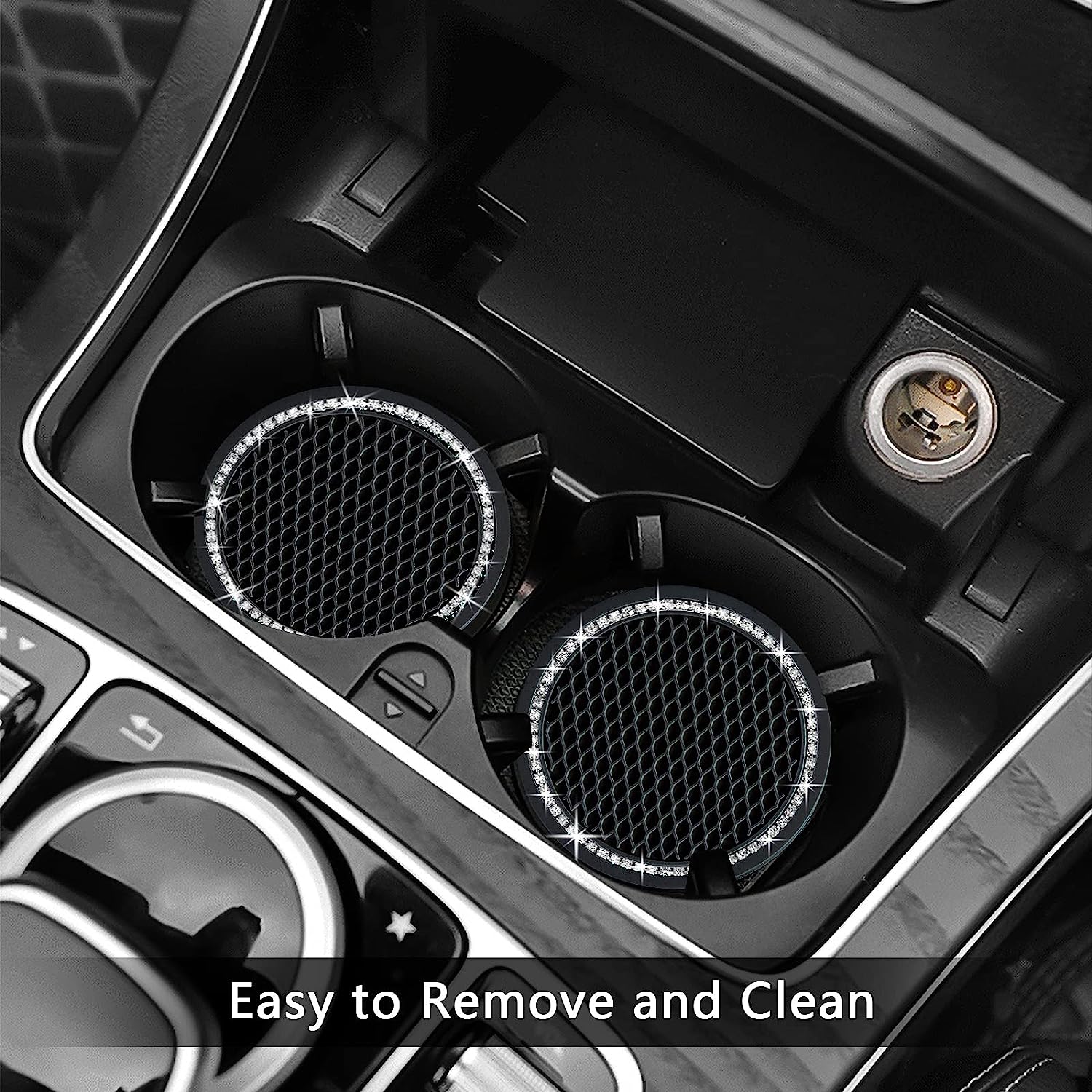 2PCS Bling Car Cup Coaster, 2.75 Inch Auto Car Cup Holder Insert Coasters Silicone Anti-Slip Crystal Rhinestone Drink Car Cup Mat, Universal Vehicle Interior Accessories for Women Girls (Black)