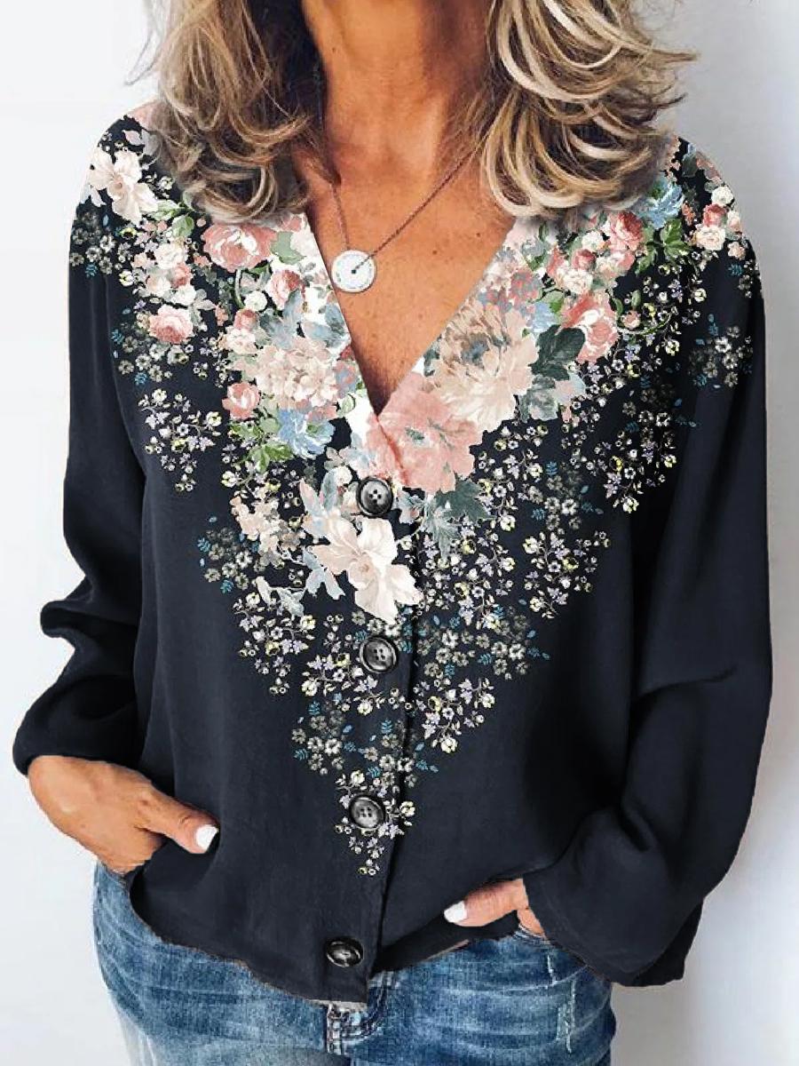Floral Print Loose Casual Long-sleeved Blouse
