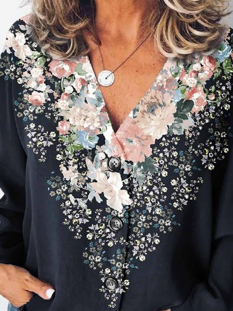 Floral Print Loose Casual Long-sleeved Blouse