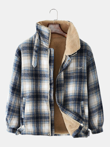mens plaid thicken sherpa lined lapel cotton vintage overcoats with pocket