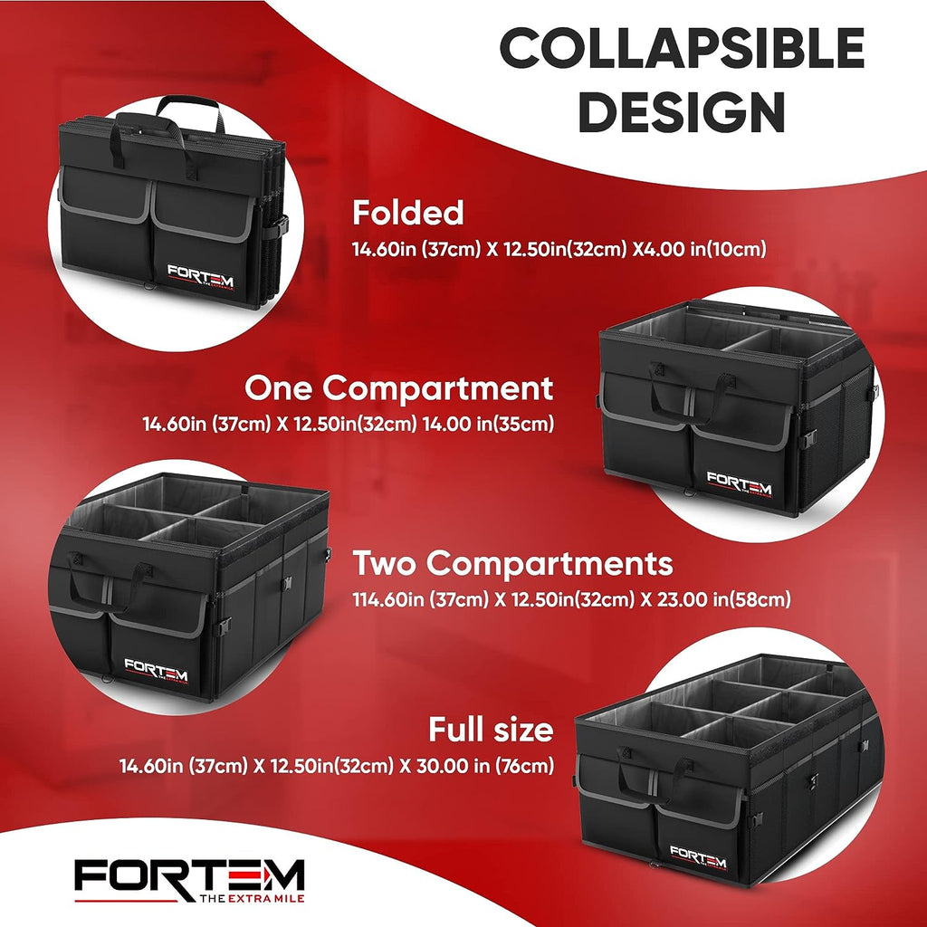 FORTEM Car Trunk Organizer, Car Storage Organizer, Collapsible Multi Compartment Car Organizer, SUV Trunk Organizer, Non Slip Bottom, Adjustable Securing Straps, Foldable Cover (Black, X-Large)