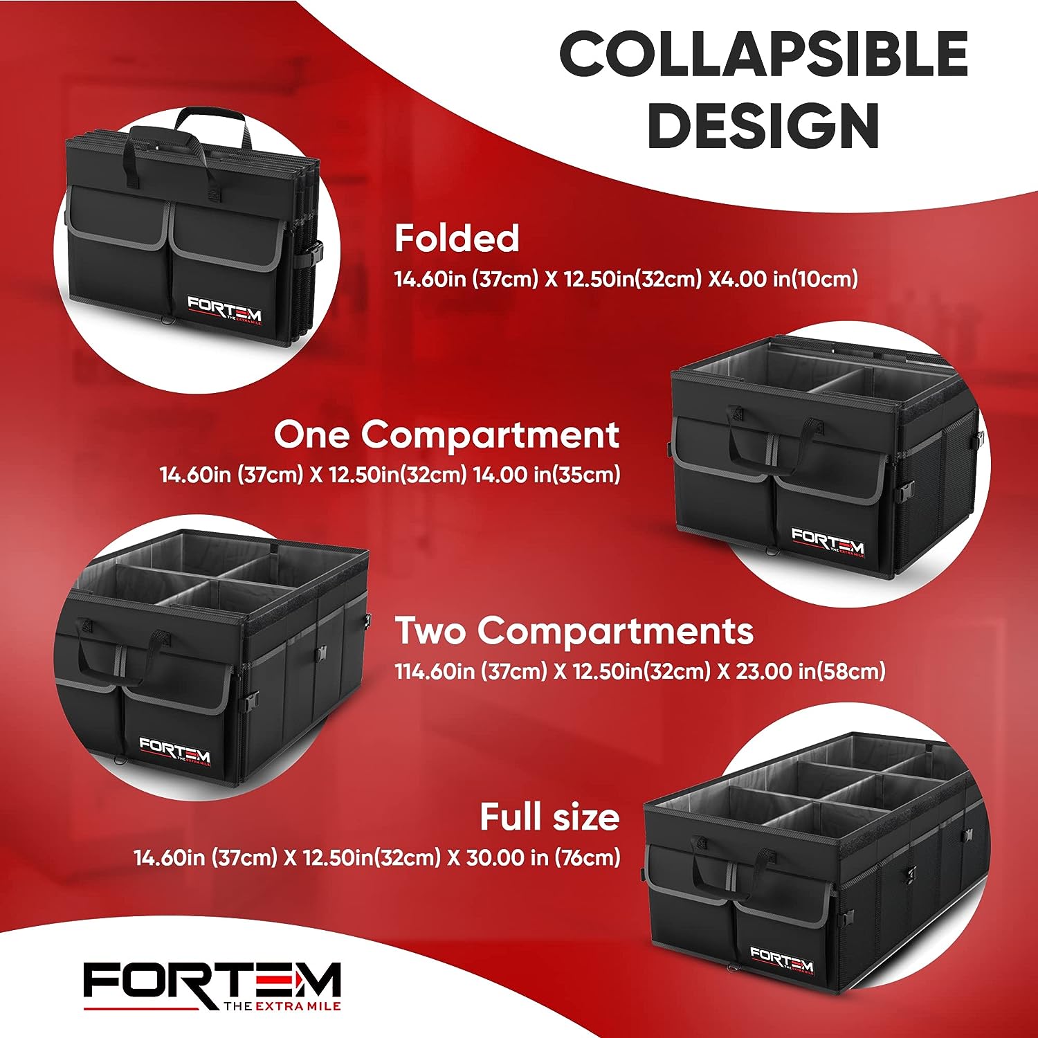FORTEM Car Trunk Organizer, Car Storage Organizer, Collapsible Multi Compartment Car Organizer, SUV Trunk Organizer, Non Slip Bottom, Adjustable Securing Straps, Foldable Cover (Black, X-Large)
