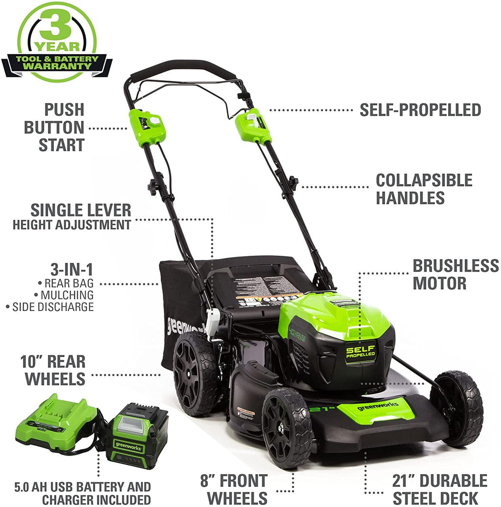 Greenworks 40V Brushless Self-Propelled Lawn Mower, 21-Inch Electric Lawn Mower, 5.0Ah Battery and Charger Included