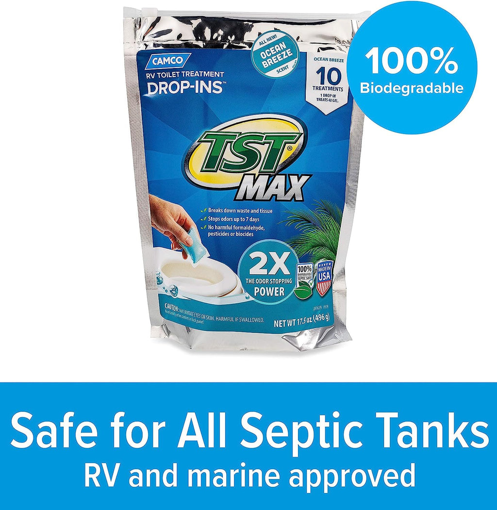 Camco TST MAX RV Toilet Treatment Drop-INs | Control Unwanted Odors and Break Down Waste and Tissue | Septic Tank Safe | Ocean Breeze Scent | 10-pack (41613)