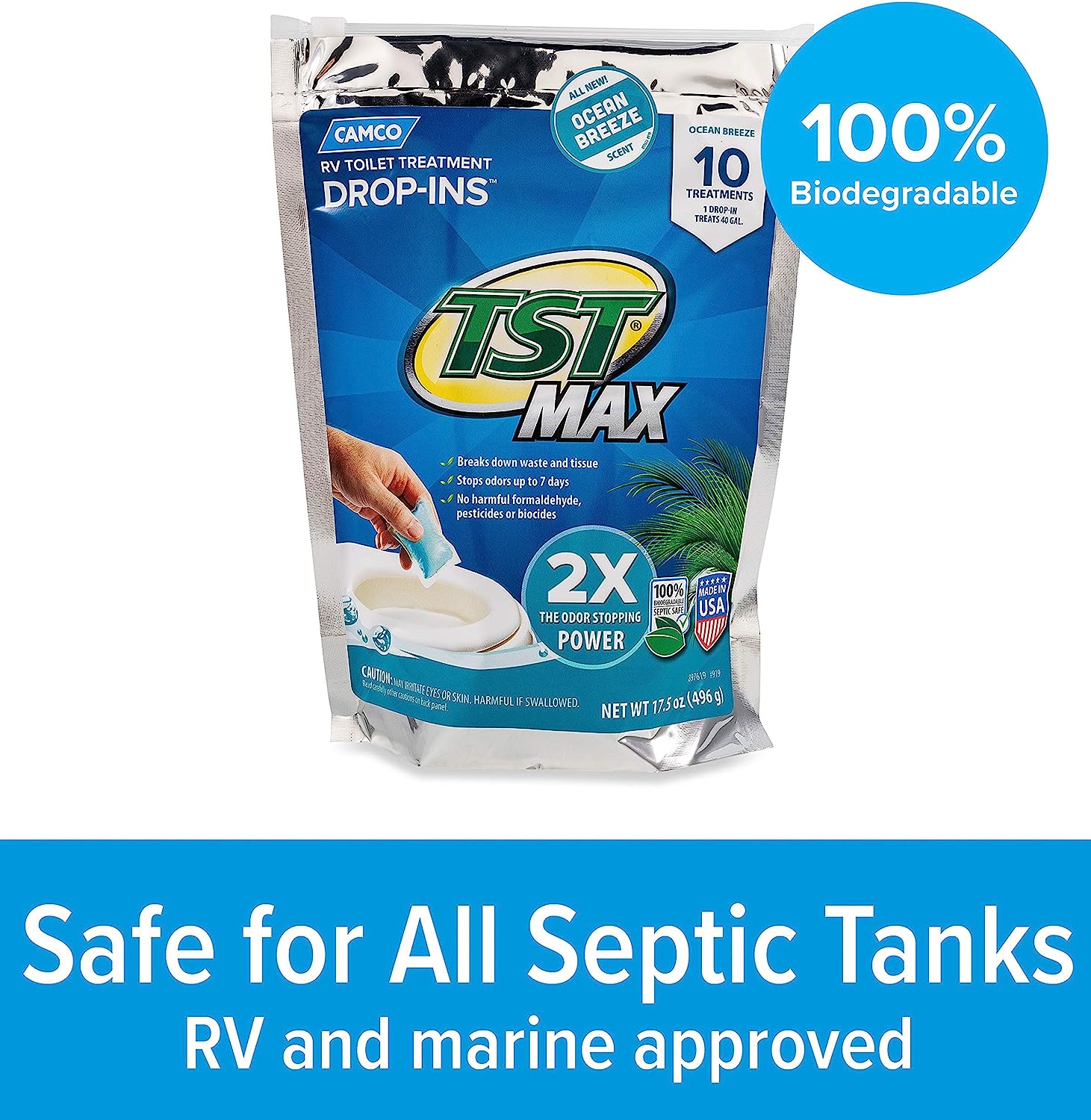 Camco TST MAX RV Toilet Treatment Drop-INs | Control Unwanted Odors and Break Down Waste and Tissue | Septic Tank Safe | Ocean Breeze Scent | 10-pack (41613)
