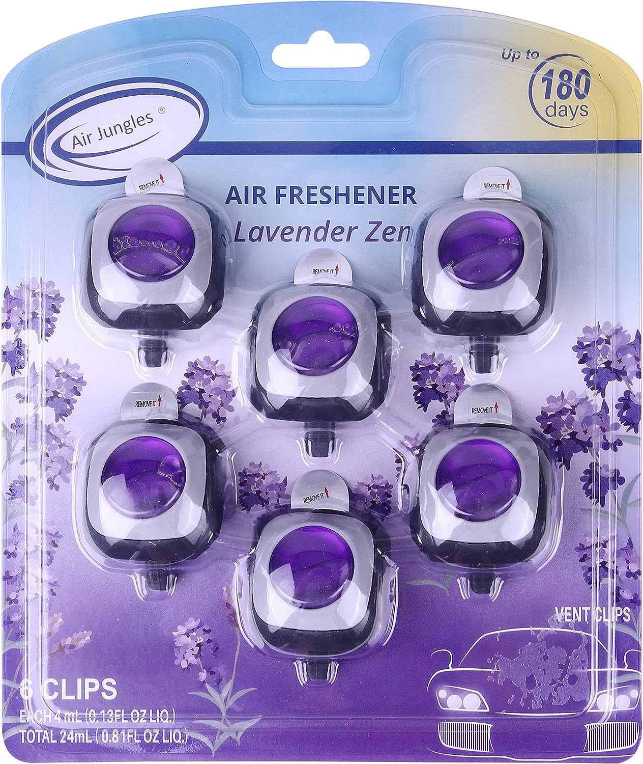 Air Jungles Lavender Zen Scent Car Air Freshener Clip, 6 Freshener Vent Clips, 4ml Each, Long Lasting, Up to 180 Days Car Refresher Odor Eliminator