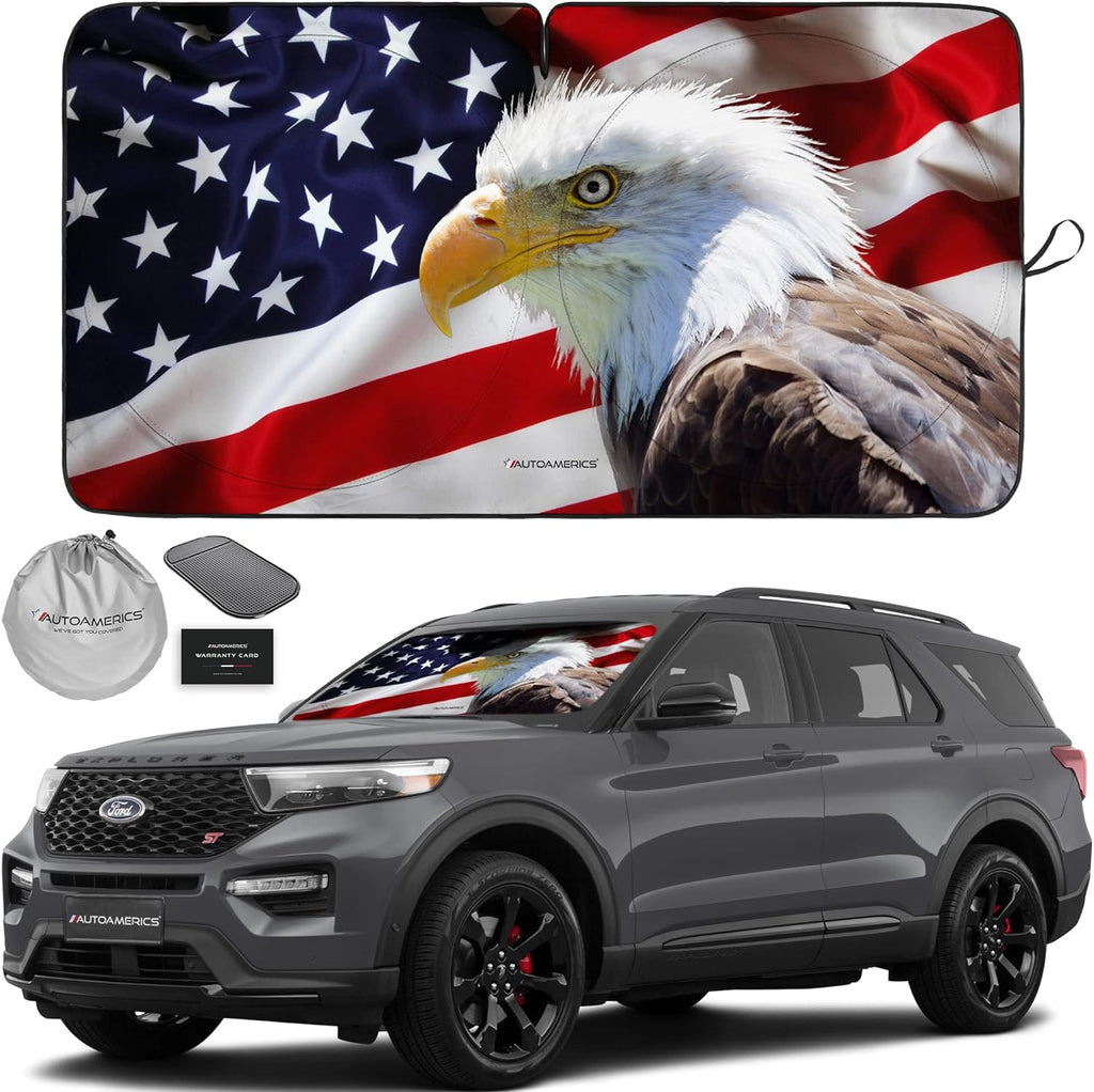 Autoamerics 1-Piece Windshield Sun Shade American Eagle Flag - 2 USA Patriotic  - Foldable Car Front Window Sunshade for Sedans SUV Truck - Blocks Max UV Rays and Keeps Your Vehicle Cool Medium