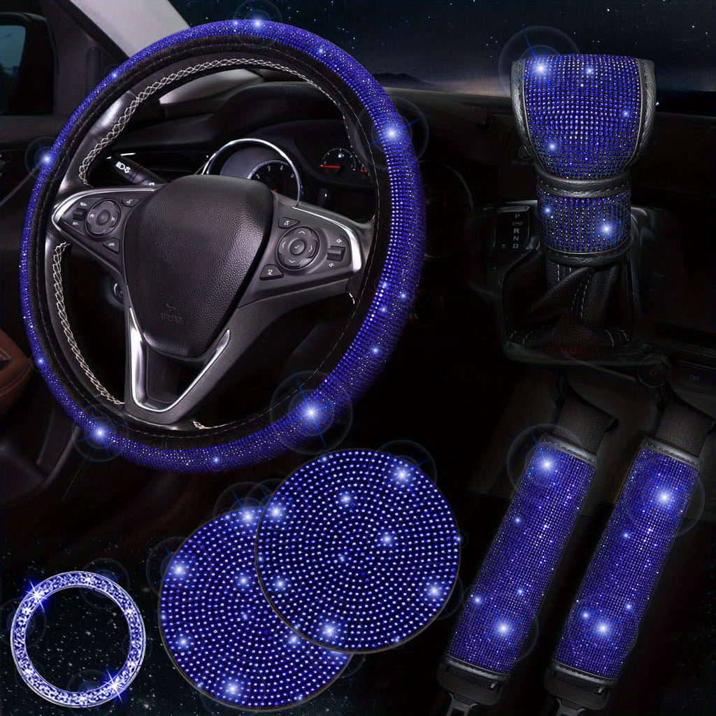 Bling Car Accessories For Women,Bling Steering Wheel Cover Bling Car Coasters Bling Set Seat Belt Shoulder Pads Ring Emblem Sticker Gear Shift Cover