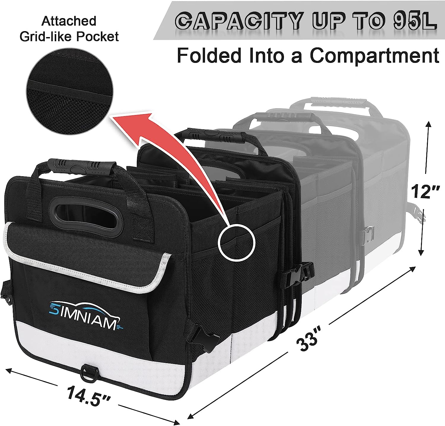 Simniam Large Car Trunk Organizer - with 5 Compartments Trunk Organizers and Storage SUV, Reinforced Handle, Securing Straps, Trunk Organizer Available for Car, SUV, Truck, Minivan