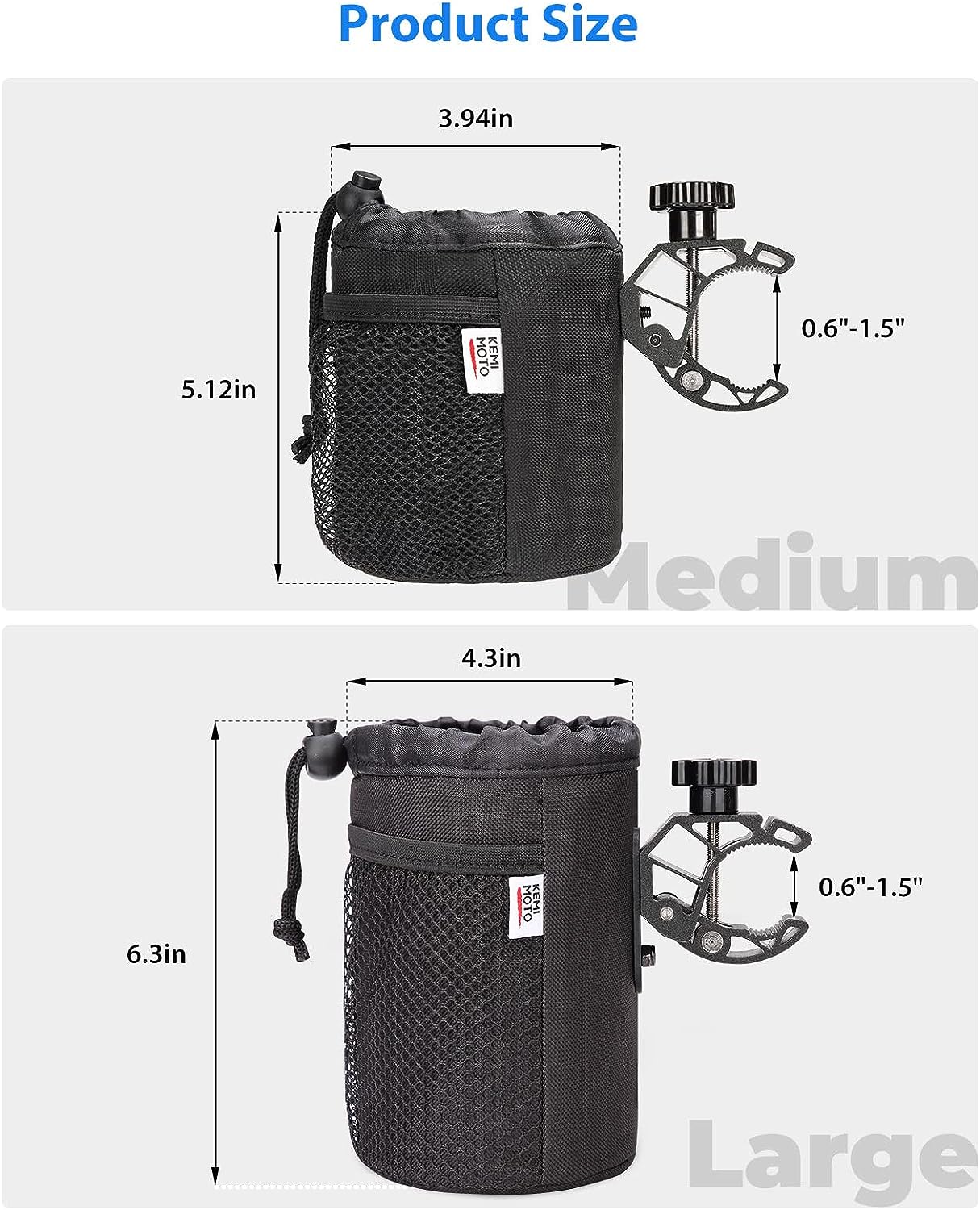 kemimoto Wheelchair Cup Holder, Oxford Fabric Drink Cup Can Holder with Drain and Alligator Clamp, Bar Cup Holder for Motorcycle, ATV, Scooter, Marine Boat, Kayak, Bike, Wheelchair, Walker, Golf Cart