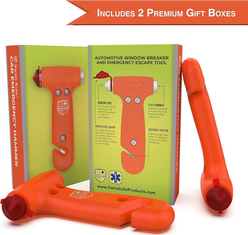 Swiss Safe 5-in-1 Car Safety Hammer, Emergency Escape Tool with Car Window Breaker and Seatbelt Cutter, Orange, 2 Pack