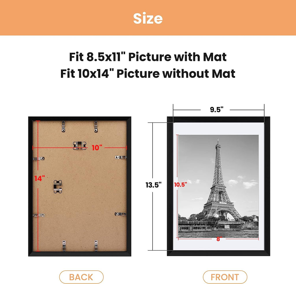 upsimples 10x14 Picture Frame Set of 5, Display Pictures 8.5x11 with Mat or 10x14 Without Mat, Wall Gallery Poster Frames, Black
