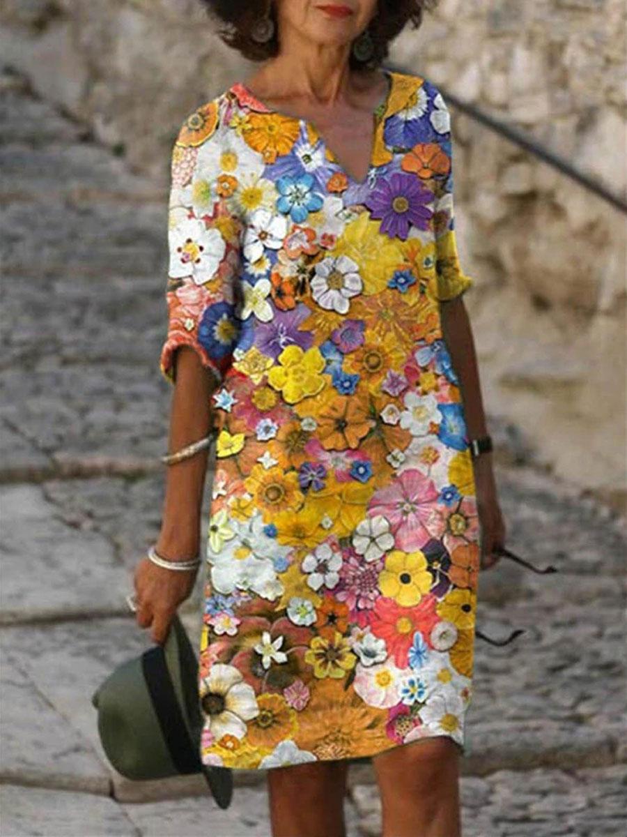 V-neck Cotton And Linen Floral Print Loose Shift Dressn