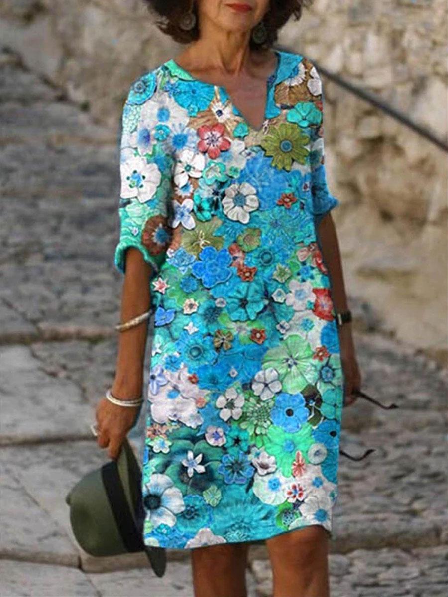 V-neck Cotton And Linen Floral Print Loose Shift Dressn