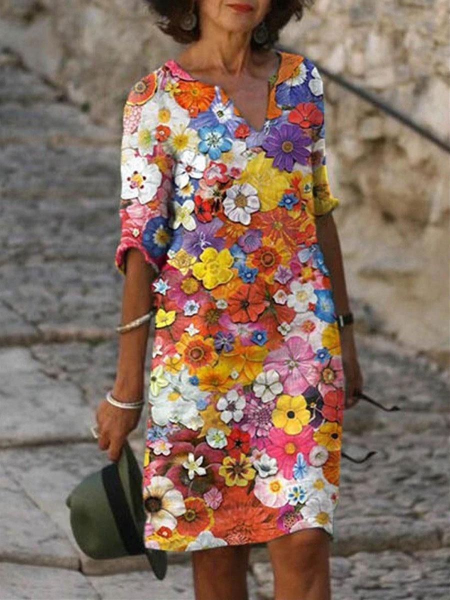 V-neck Cotton And Linen Floral Print Loose Shift Dressn