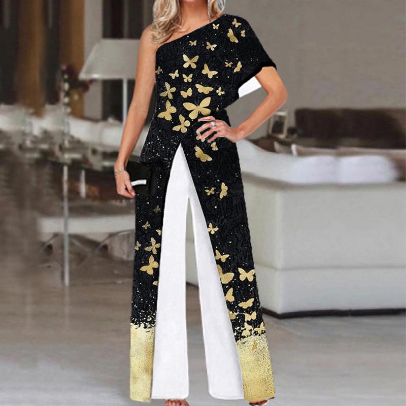 Fashion Butterfly Print One Shoulder Jumpsuit Women