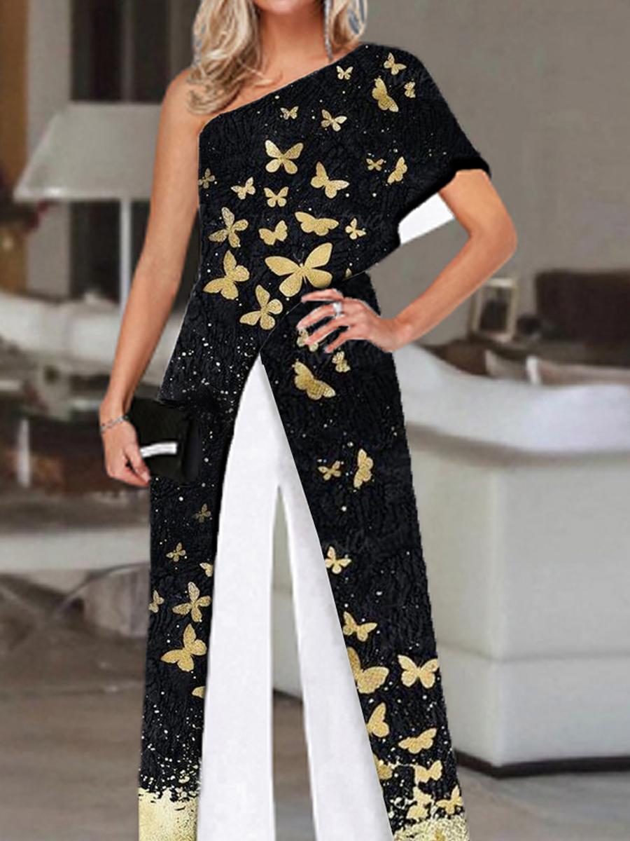 Fashion Butterfly Print One Shoulder Jumpsuit Women
