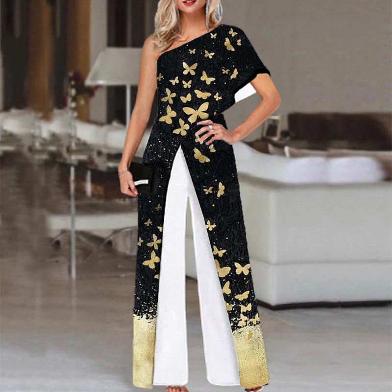 Fashion Butterfly Print One Shoulder Jumpsuit Women
