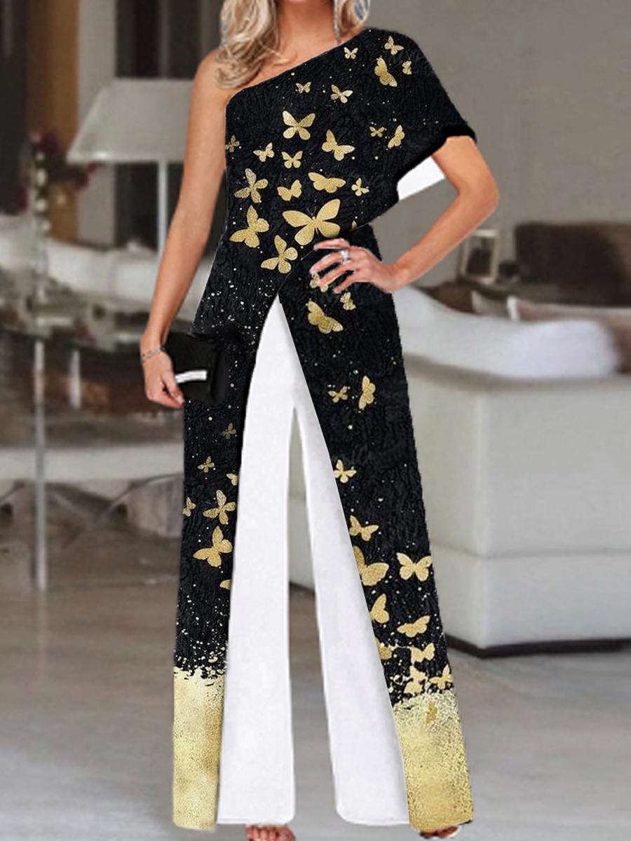 Fashion Butterfly Print One Shoulder Jumpsuit Women