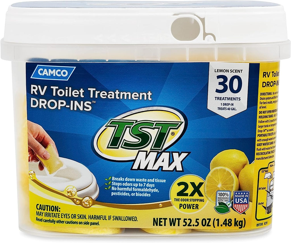 Camco TST MAX RV Toilet Treatment Drop-INs | Control Unwanted Odors and Break Down Waste and Tissue | Septic Tank Safe | Lemon Scent | 30-pack (41577)