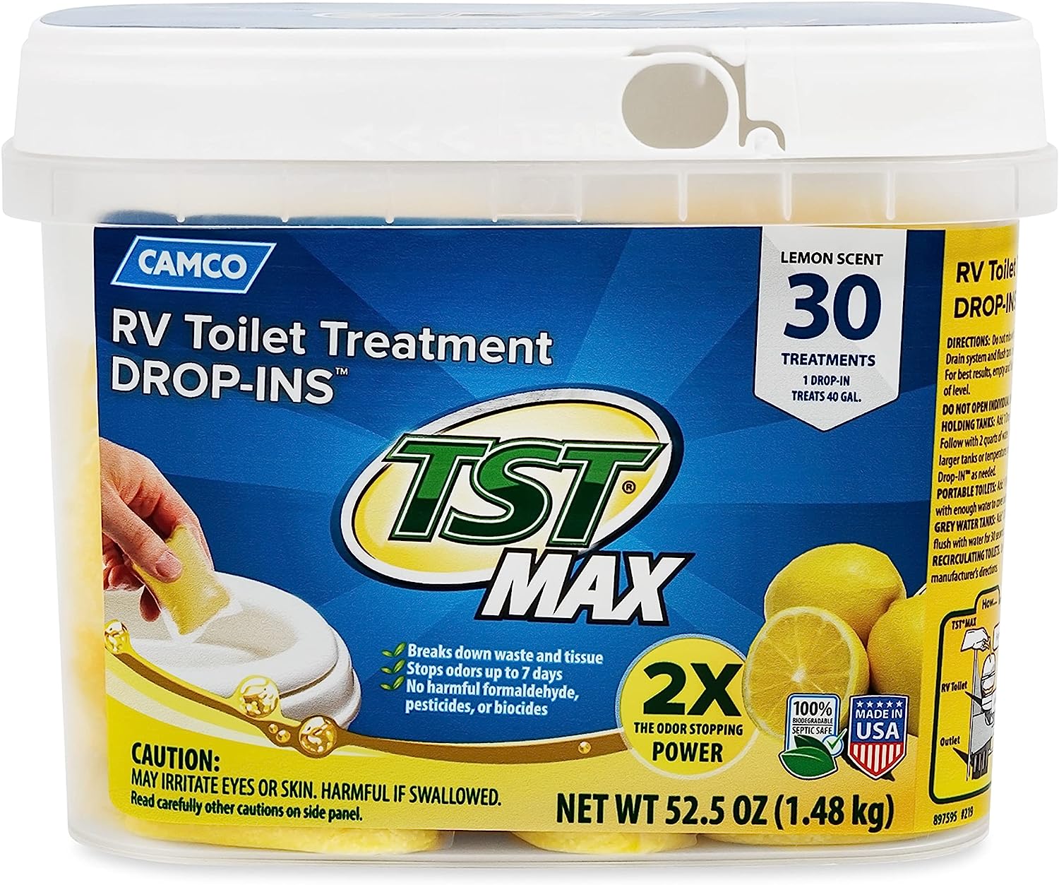 Camco TST MAX RV Toilet Treatment Drop-INs | Control Unwanted Odors and Break Down Waste and Tissue | Septic Tank Safe | Lemon Scent | 30-pack (41577)
