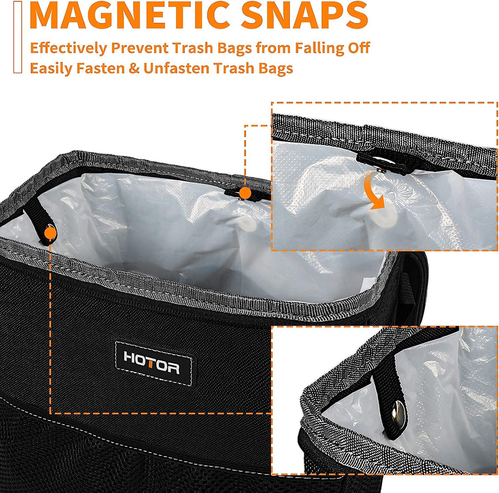 HOTOR 3 Gallons Car Trash Can, Ultra Large Capacity Car Organizer and Storage with Adjustable Straps &amp; Magnetic Snaps, Waterproof Car Accessory for Interior Car Stuff Storage (Black)