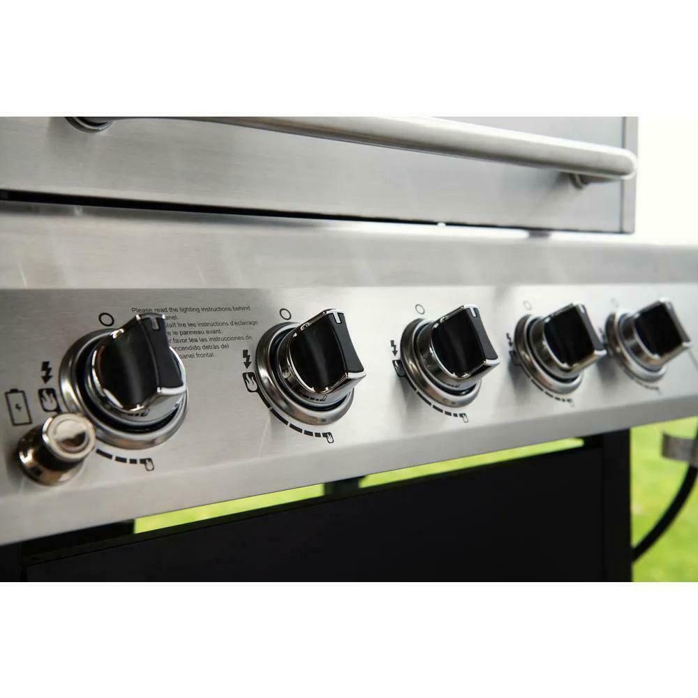 Propane Grill 5-Burners 55000 BTU Heat Thermometer Grease Pan  Steel