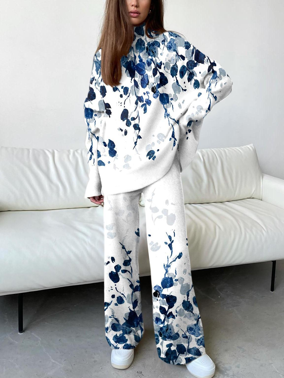 Women's Elegant Blue Gradient Floral Print Suit
