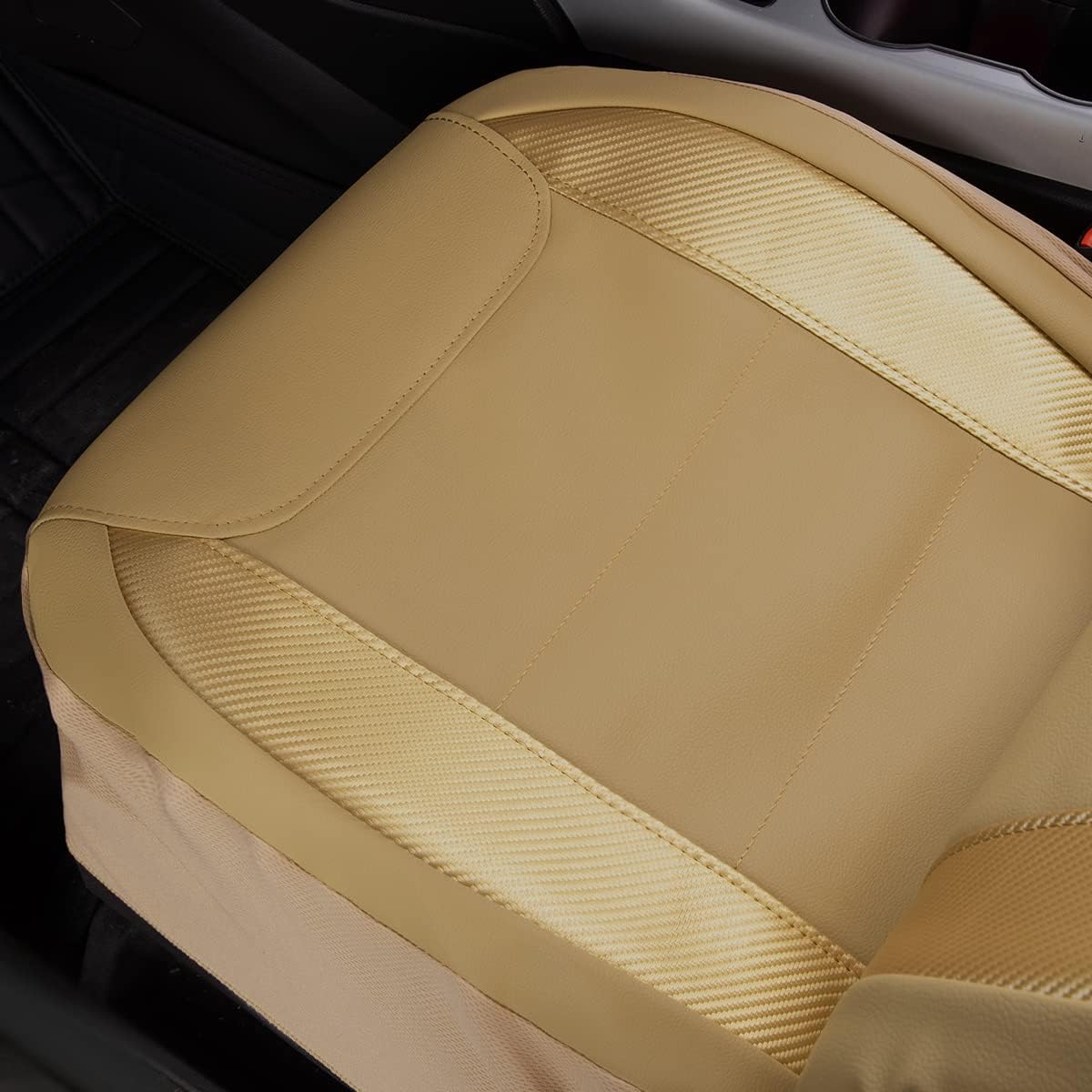 Flying Banner car seat Covers Protects Water Proof Faux Leather Carbon Fiber Fronts Gold Beige (Beige Beige, Front Pair)