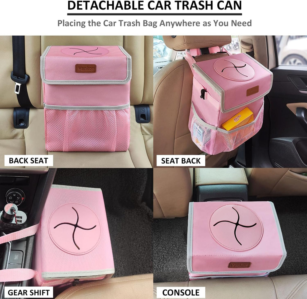 Vankor Car Trash Can for Car Cute, Car Trash Bag Bin Hanging Waterproof Automotive Car Garbage Cans Leak Proof Vehicle Trash Can Pink
