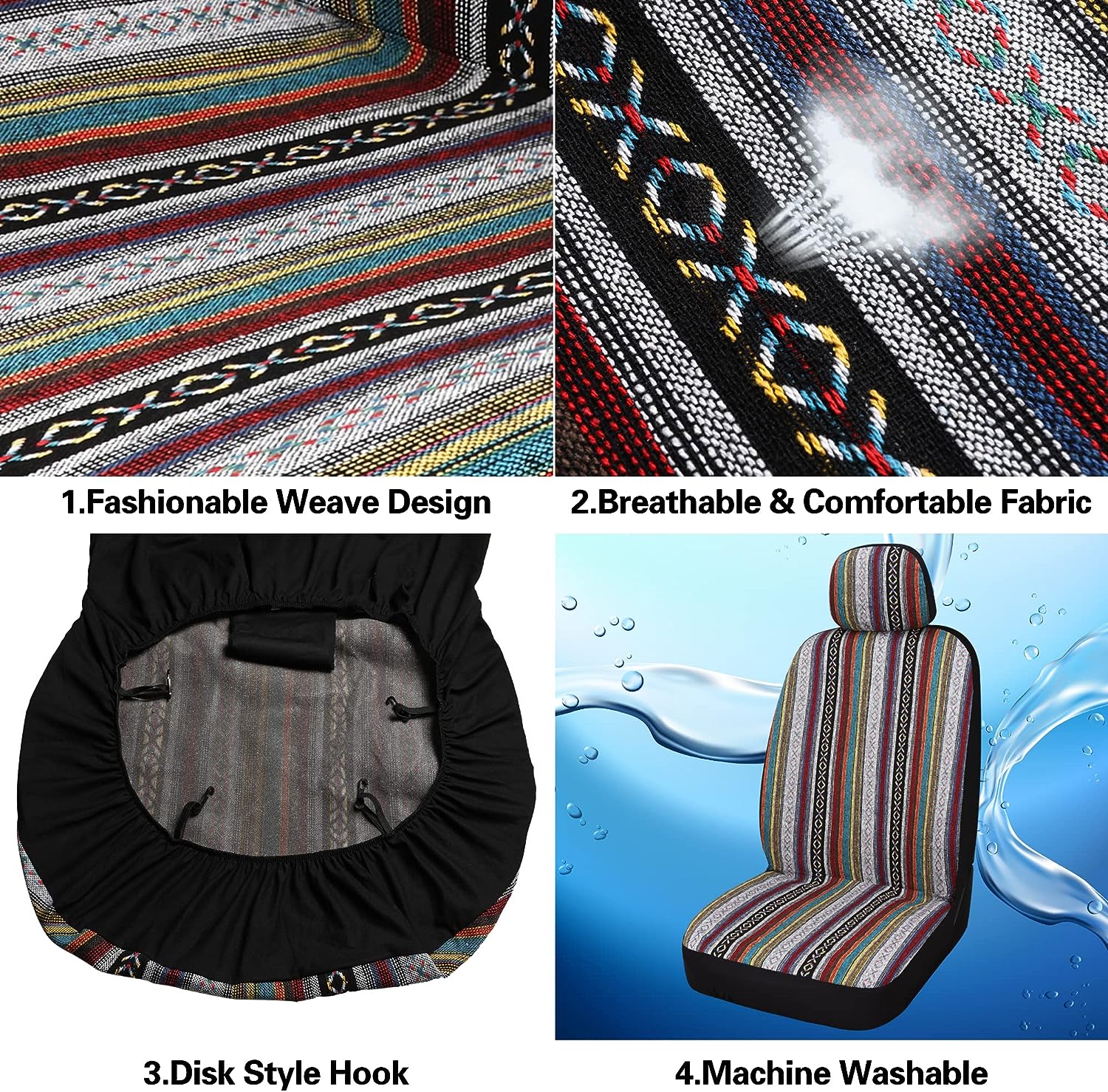 Pariitadin Baja Saddle Blanket Car Seat Covers Front Set with Seat Belt Pads, Washable Breathable Striped Woven Cloth Seat Covers for Cars, Universal Fit Most Cars, Airbag Compatible, Red