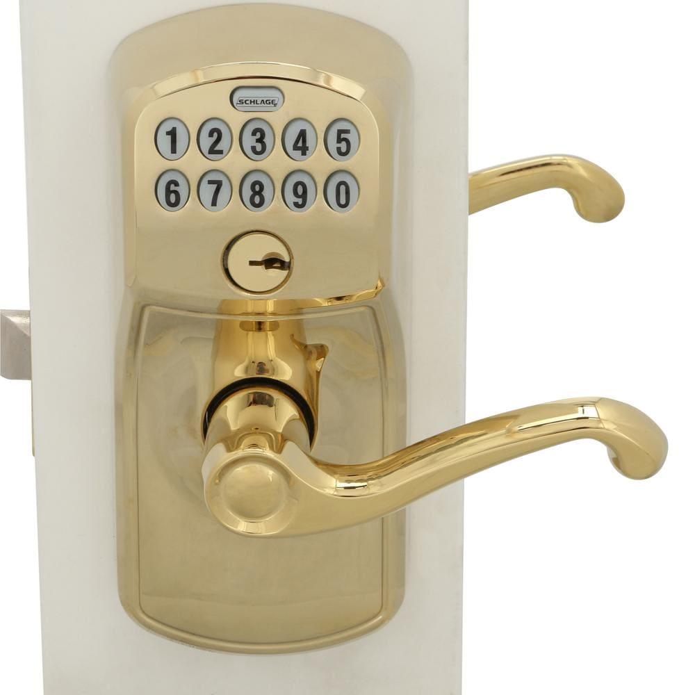 Plymouth Bright Brass Electronic Door Lock with Flair Door Lever Featuring Flex Lock