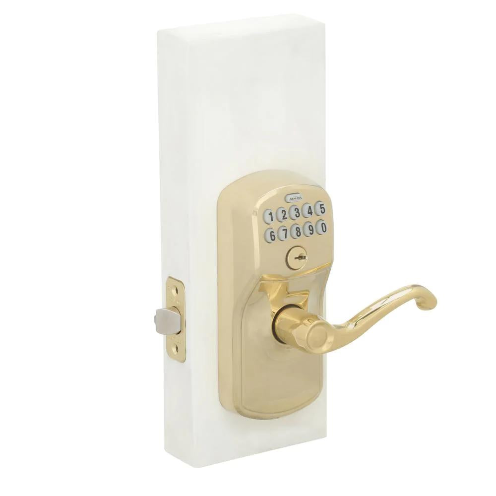 Plymouth Bright Brass Electronic Door Lock with Flair Door Lever Featuring Flex Lock