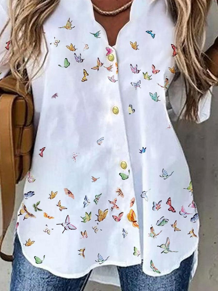 V-neck Butterfly Print Loose Casual Long-sleeved Blouse