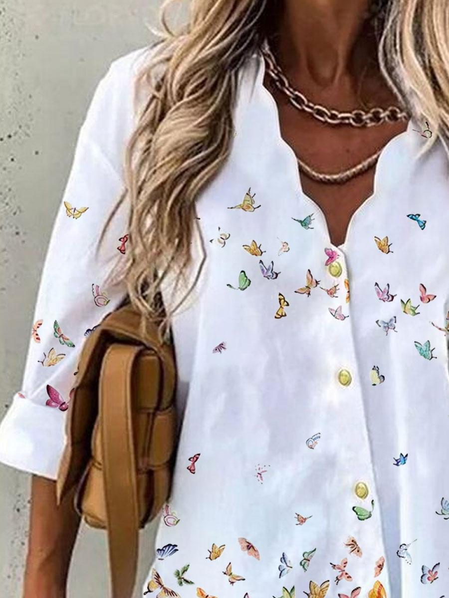 V-neck Butterfly Print Loose Casual Long-sleeved Blouse