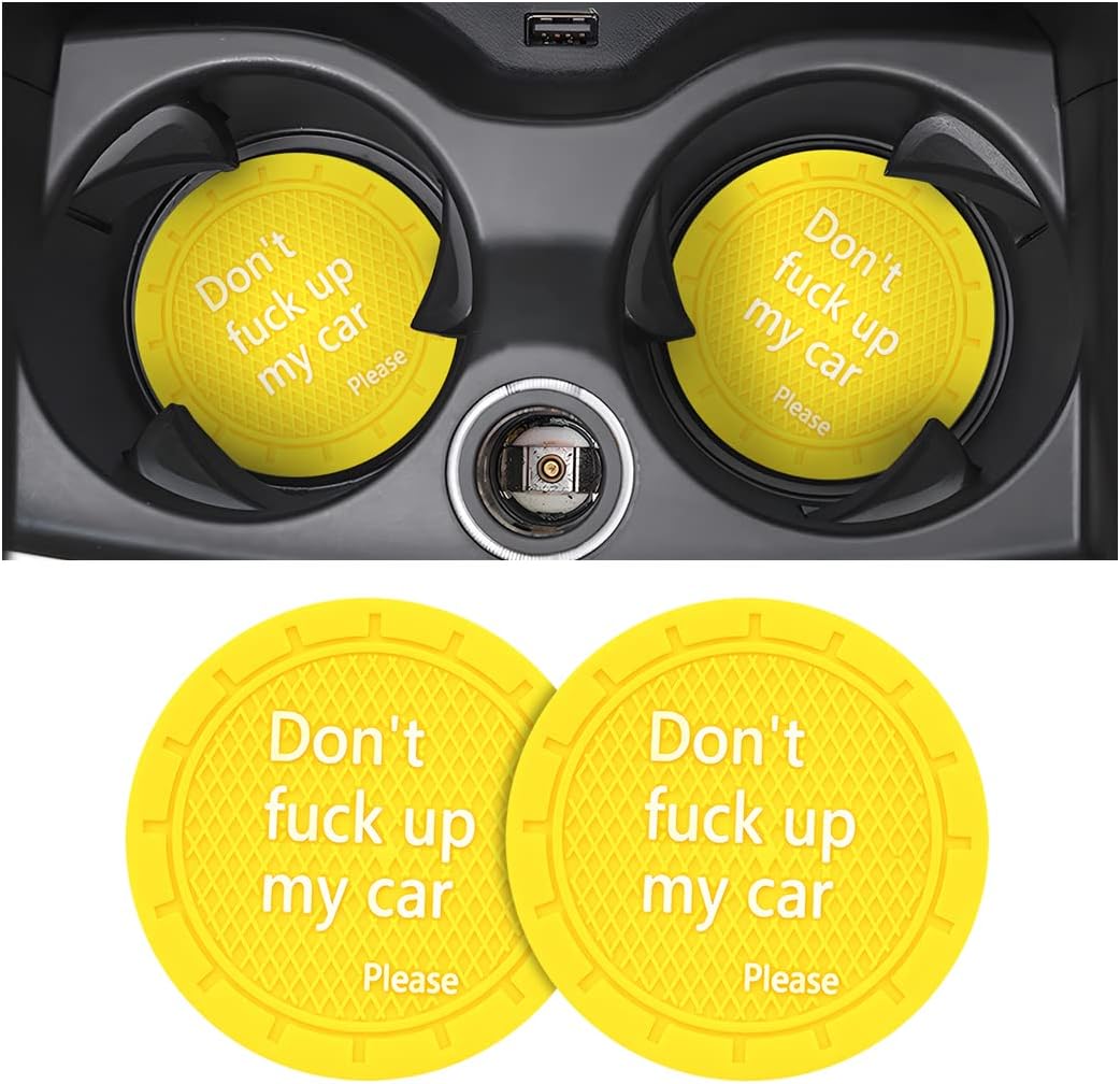 2 Pack Car Cup Holder Coasters, 2.75 Inch Non-Slip PVC Insert Cup Coaster, Anti-Scratch Auto Cup Mats for Women Men, Vehicle Interior Accessories Universal for Car, SUV, Truck (D Yellow/2PCS)