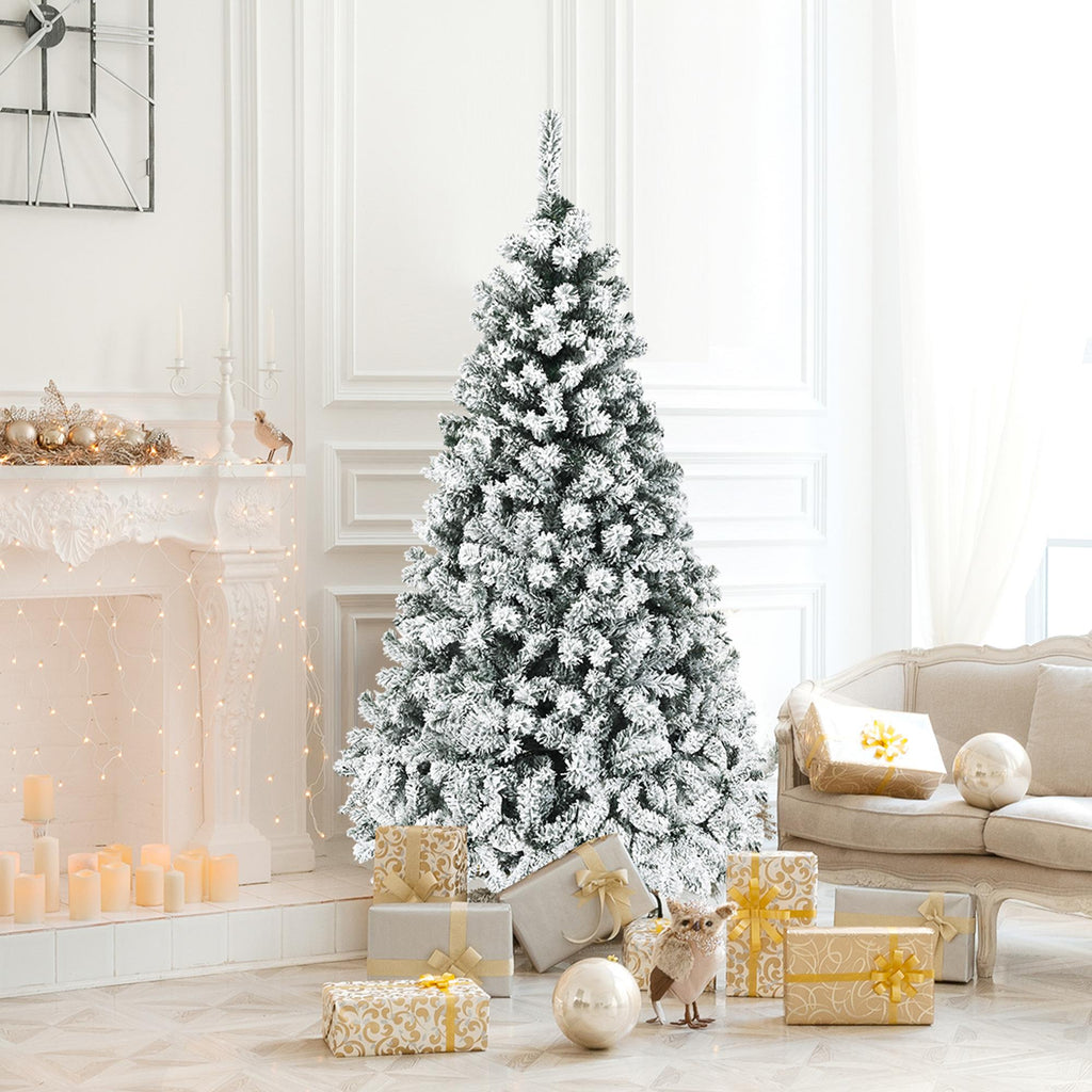Gymax Warm White Prelit LED Green Snow Flocked Hinged Pine Christmas Tree, with Metal Stand 6'
