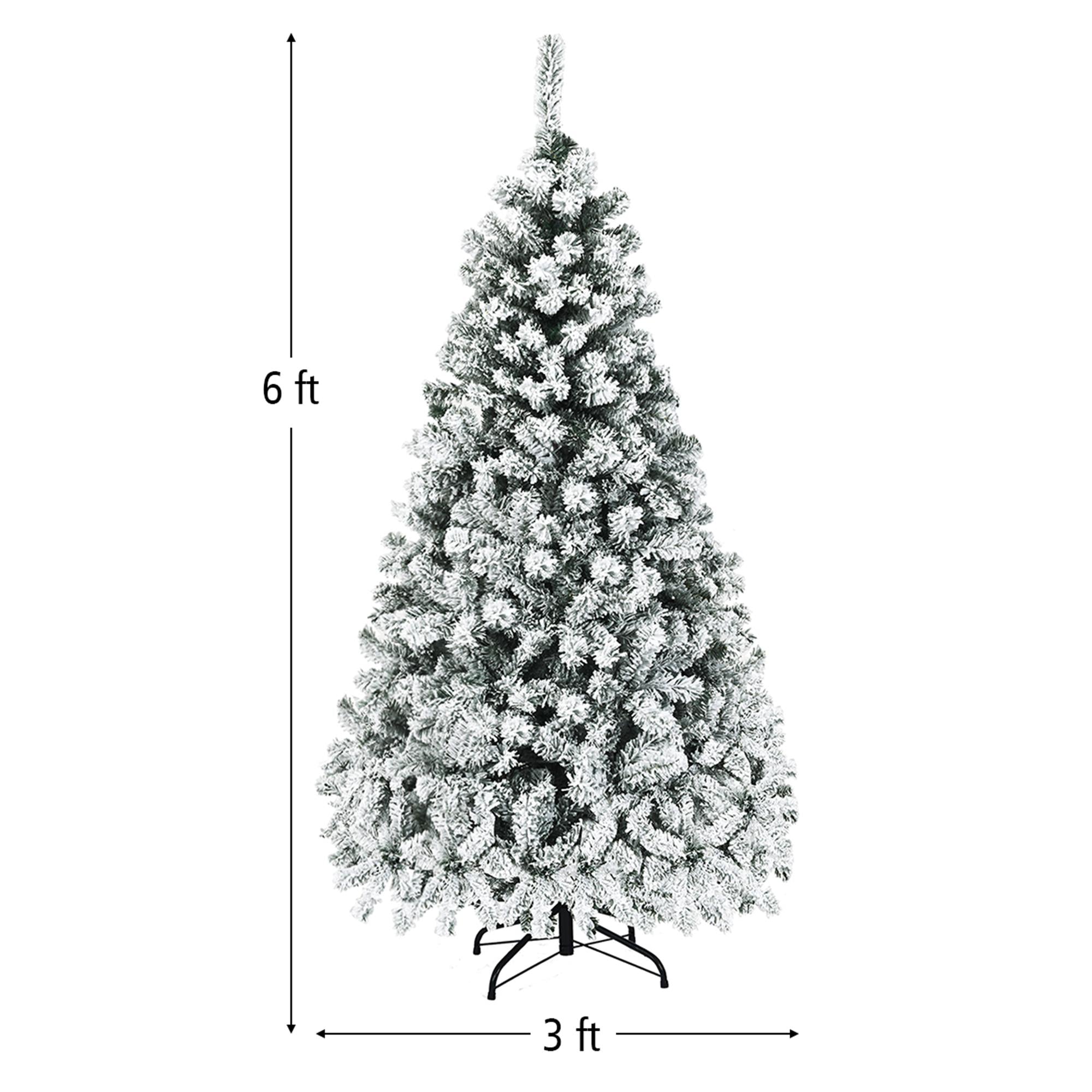 Gymax Warm White Prelit LED Green Snow Flocked Hinged Pine Christmas Tree, with Metal Stand 6'