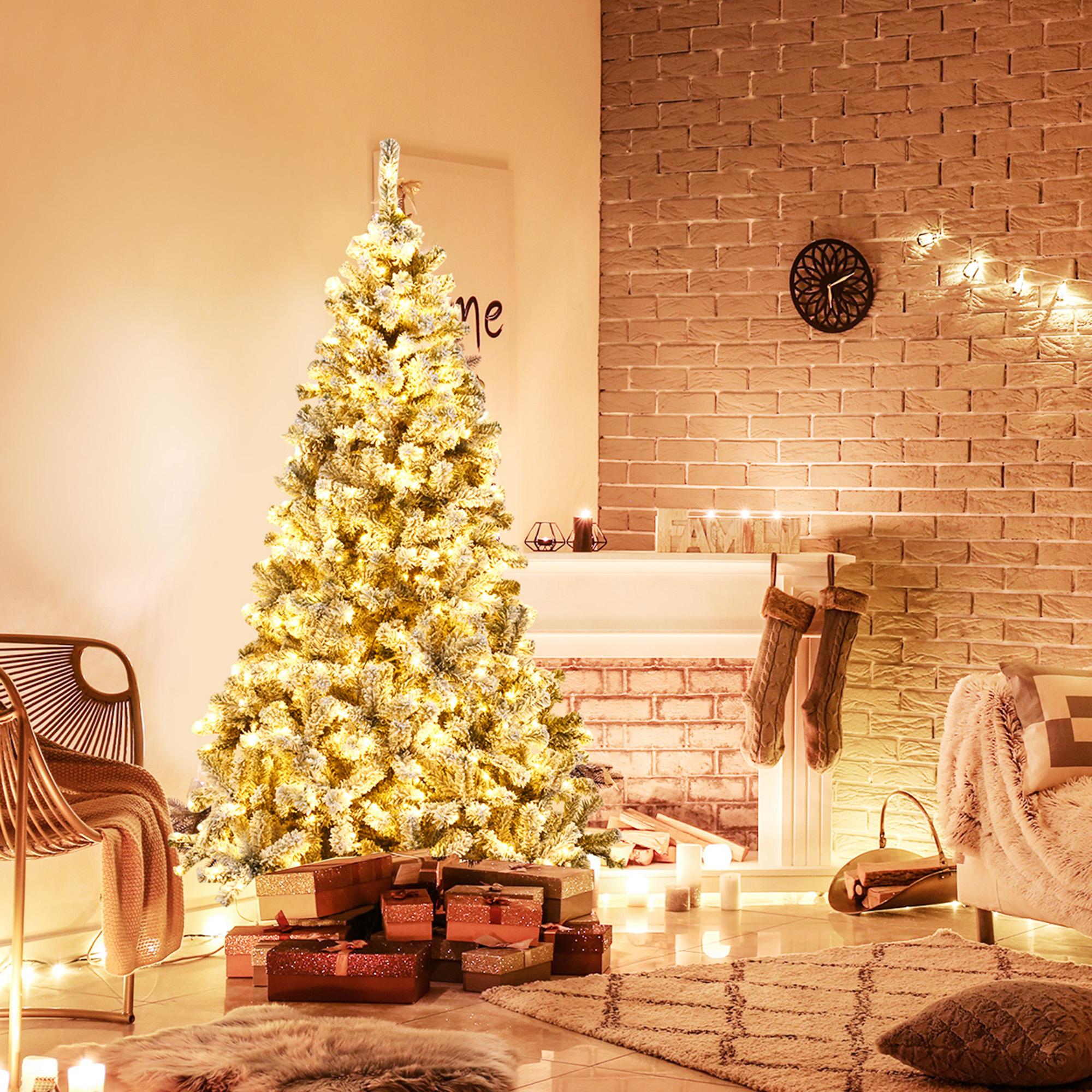 Gymax Warm White Prelit LED Green Snow Flocked Hinged Pine Christmas Tree, with Metal Stand 6'