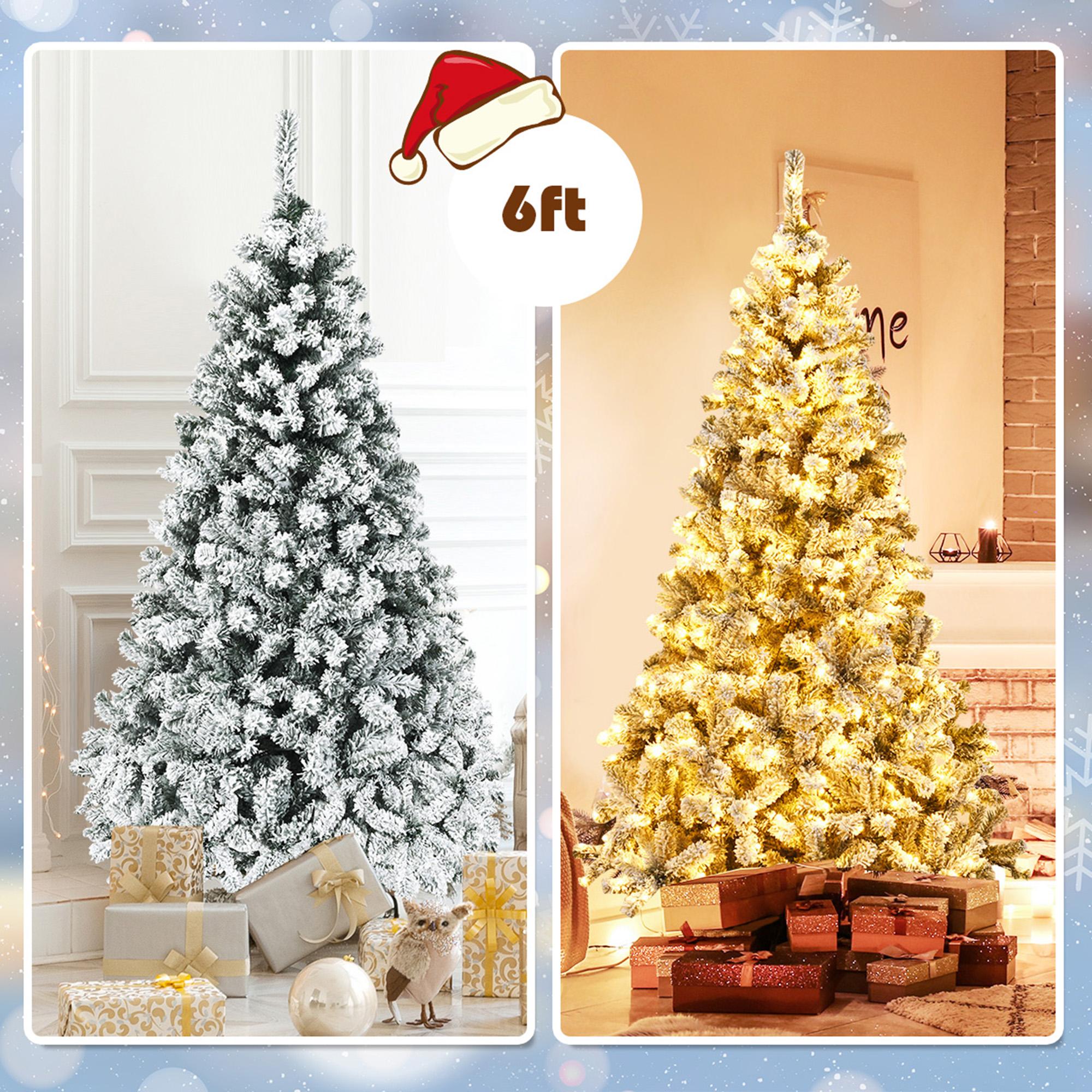 Gymax Warm White Prelit LED Green Snow Flocked Hinged Pine Christmas Tree, with Metal Stand 6'