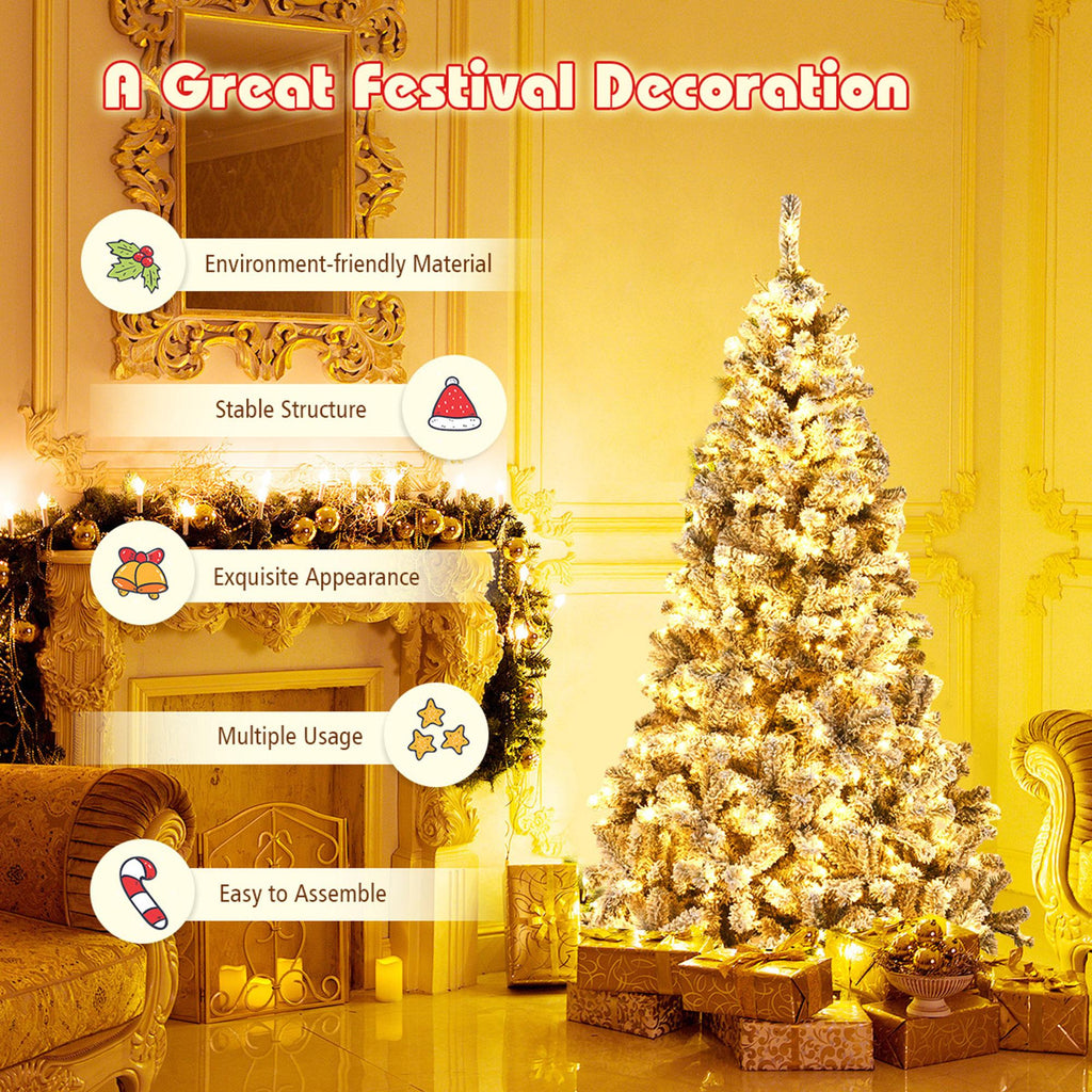 Gymax Warm White Prelit LED Green Snow Flocked Hinged Pine Christmas Tree, with Metal Stand 6'