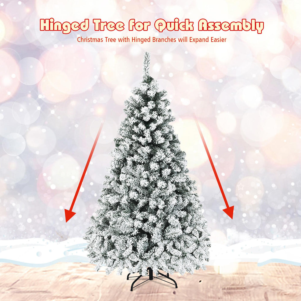 Gymax Warm White Prelit LED Green Snow Flocked Hinged Pine Christmas Tree, with Metal Stand 6'