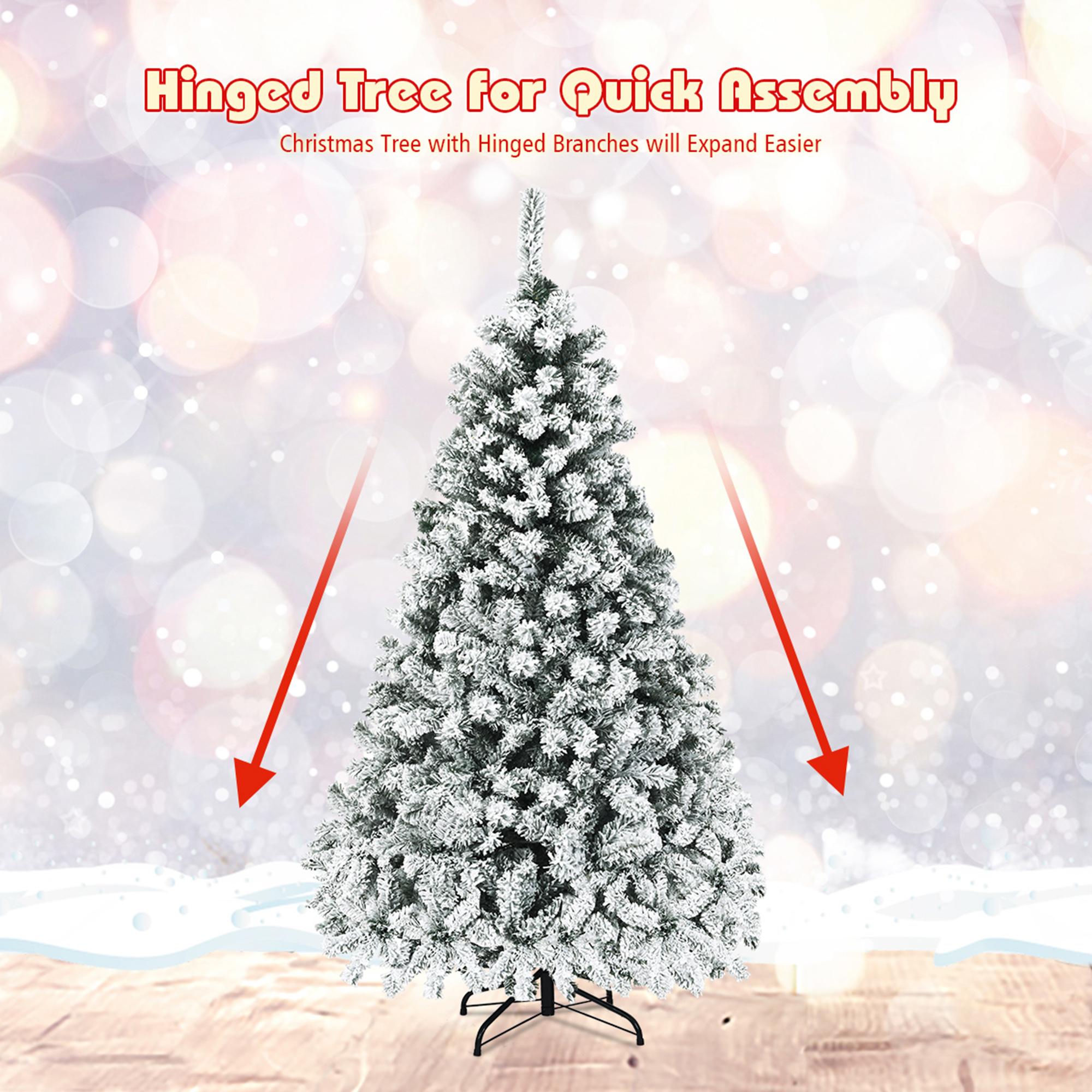 Gymax Warm White Prelit LED Green Snow Flocked Hinged Pine Christmas Tree, with Metal Stand 6'