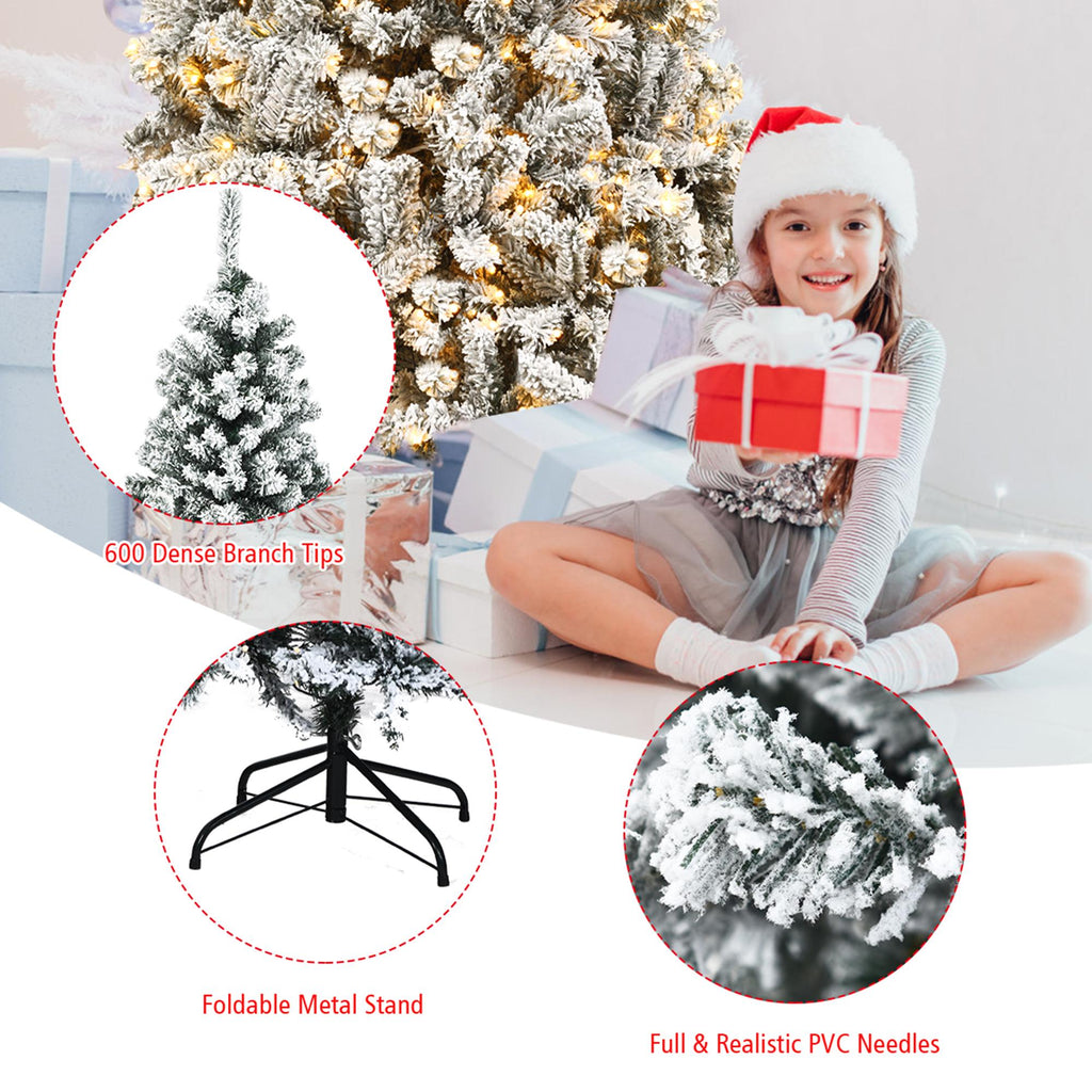 Gymax Warm White Prelit LED Green Snow Flocked Hinged Pine Christmas Tree, with Metal Stand 6'