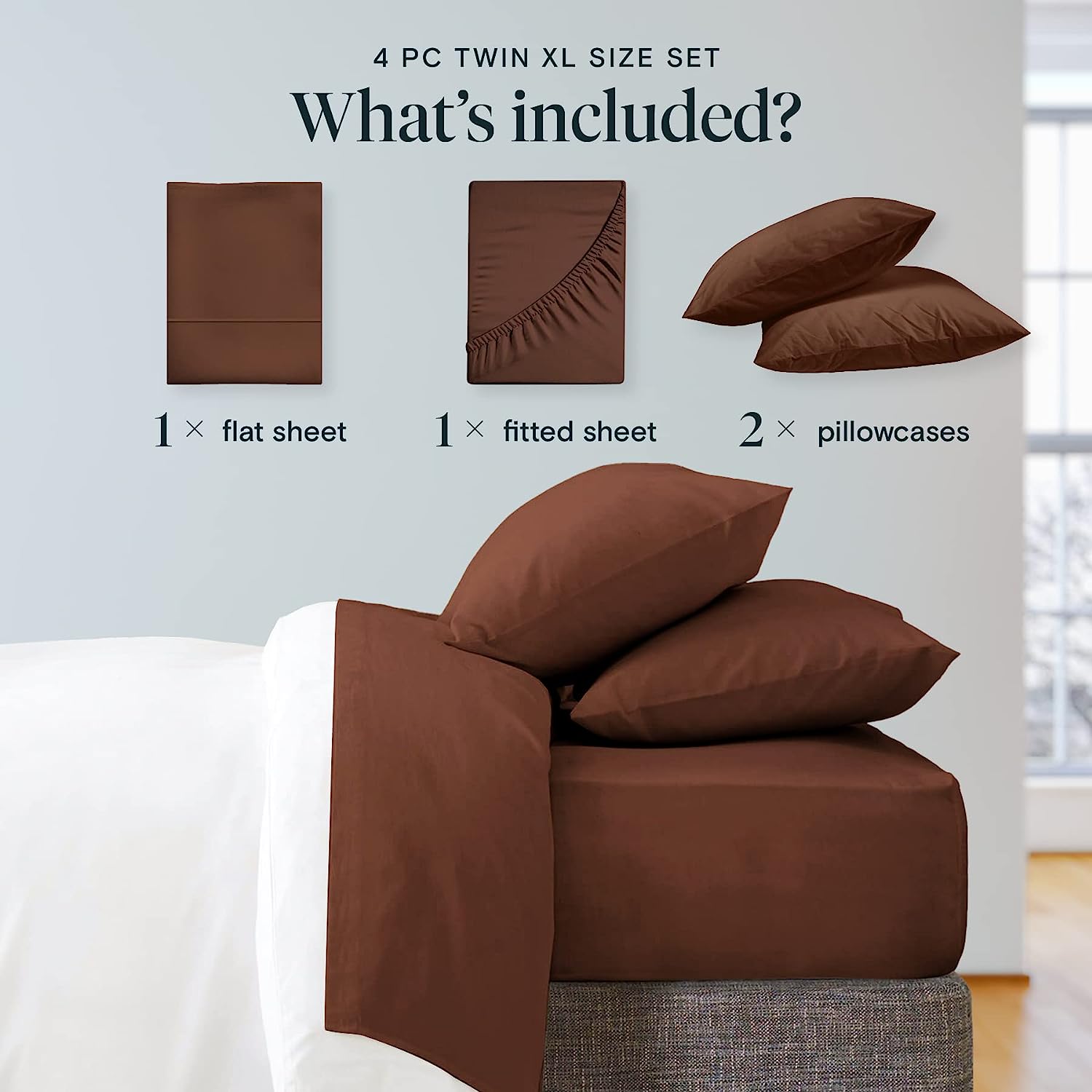 LuxClub Twin XL Sheets Set - Soft Twin Bed Sheets for Boys and Girls, 4 PC Deep Pockets 18" Eco Friendly Wrinkle Free Kids Fitted Sheets Machine Washable Hotel Bedding Silky Soft - Brown Twin XL