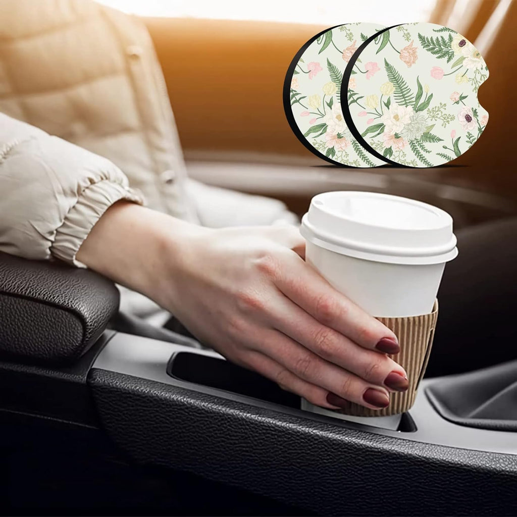 Oppsviust Car Cup Holder Coaster, Car Coasters for Cup Holders, 2PCS Universal Anti Slip Car Assecories, 2.75 inch Cute Car Coasters with A Finger Notch, Rubber Car Cup Mat for Women Wen(White Peony)