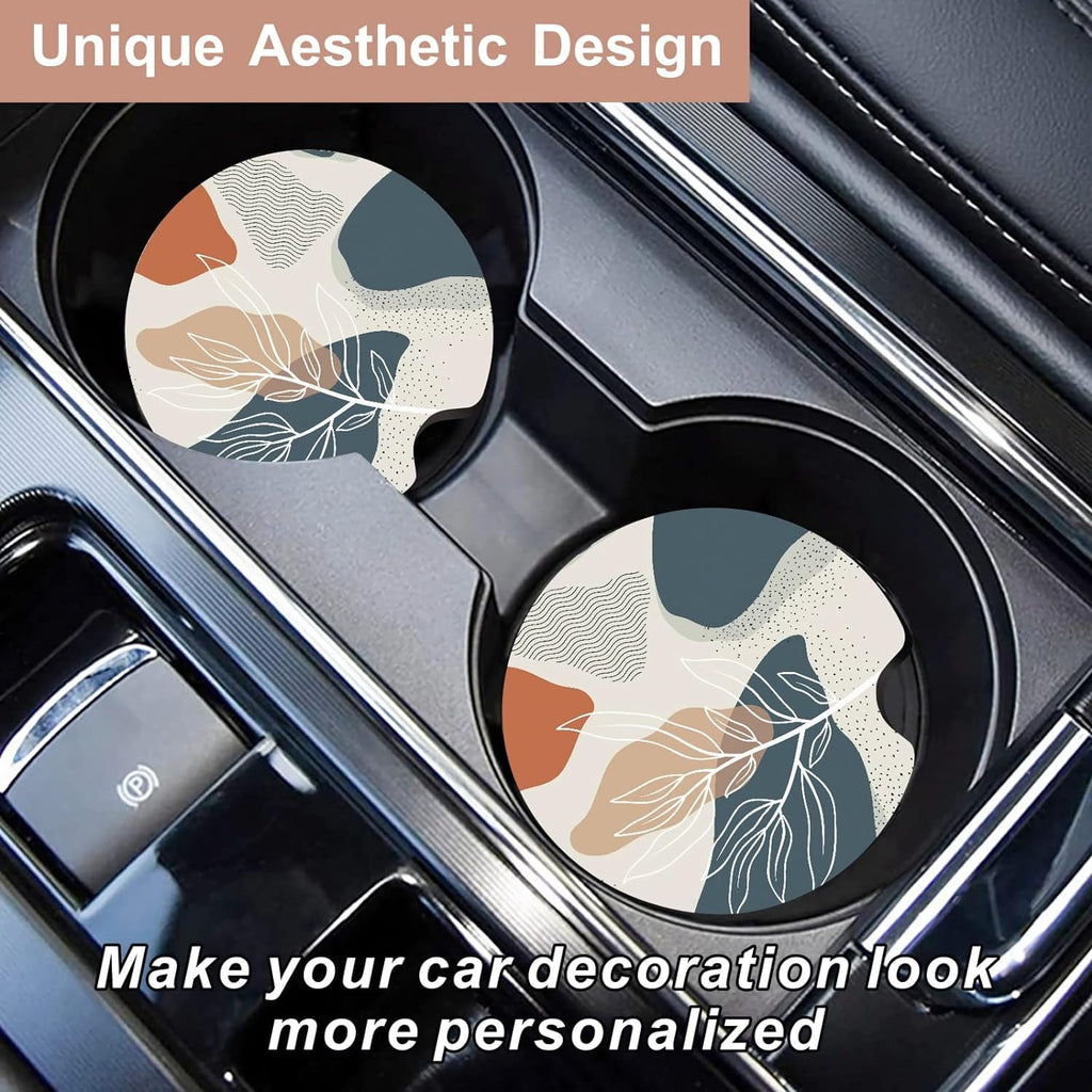 Oppsviust Car Cup Holder Coaster, Car Coasters for Cup Holders, 2PCS Universal Anti Slip Car Assecories, 2.75in Cute Car Coaster with A Finger Notch, Rubber Car Cup Mat for Women Wen(Abstract Leaf 01)