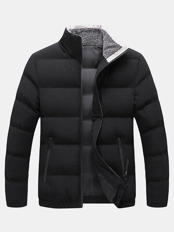 mens windproof warm stand collar thicken solid overcoats with pocket