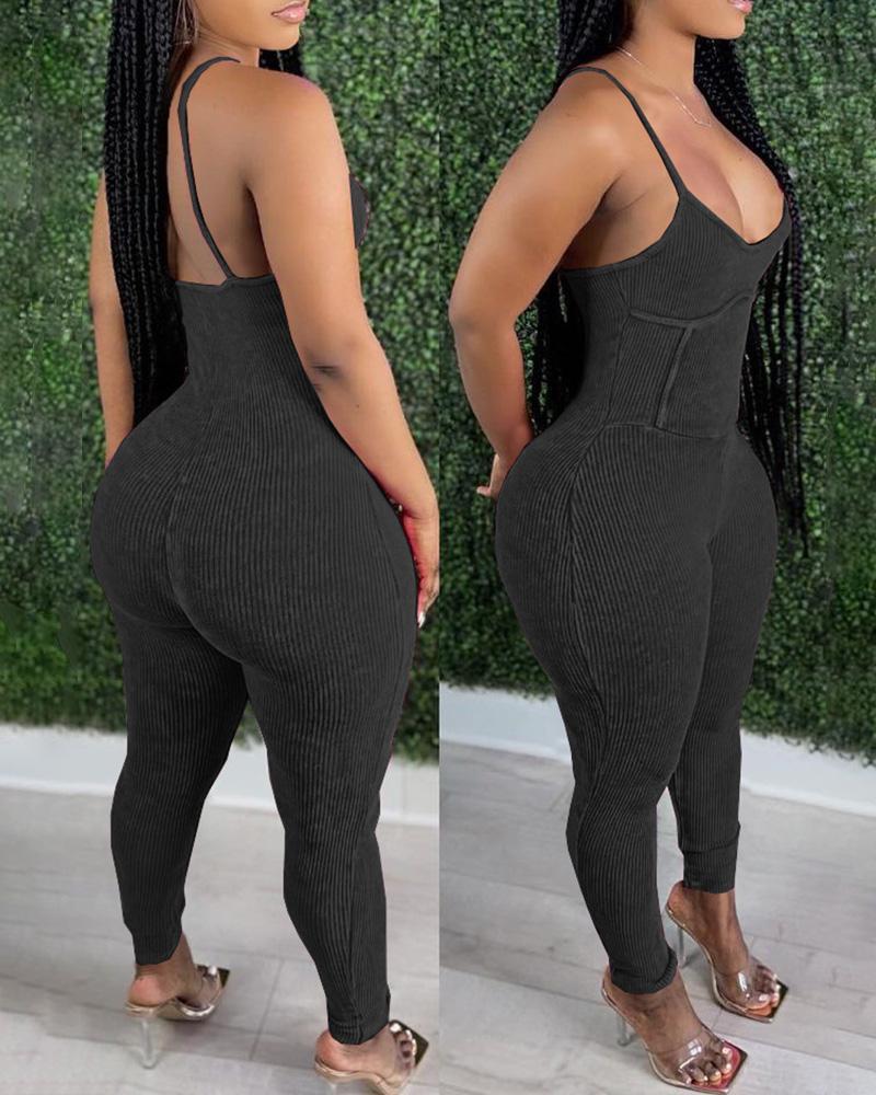 Ribbed Backless Spaghetti Strap Corset Jumpsuit