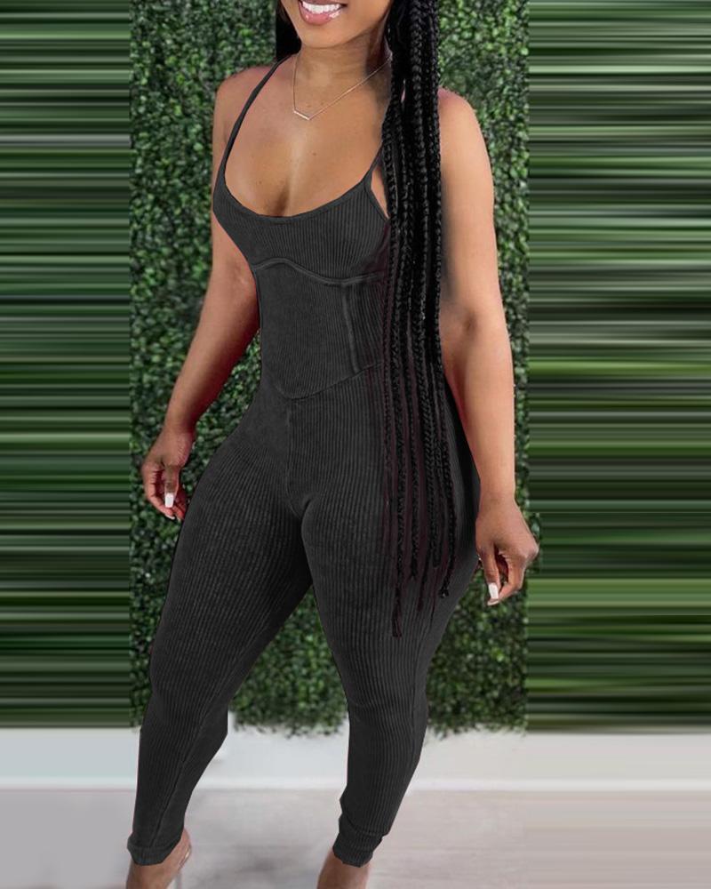 Ribbed Backless Spaghetti Strap Corset Jumpsuit